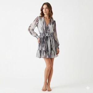 Zara Animal Print Mini Dress Grey Tones  Flowy Tiered Ruffled Elastic Waist Sz L